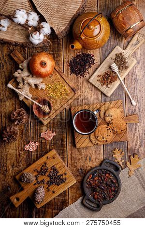 Autumn Winter Still Life With Tea And Tasty Products. Flat Lay.
