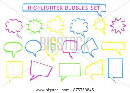 Speech cloud highlight pen set vector illustration. Sketchy rectangle and round highlight message bubbles in neon colors collection with felt pen style signs for dialog scribble or communication icon