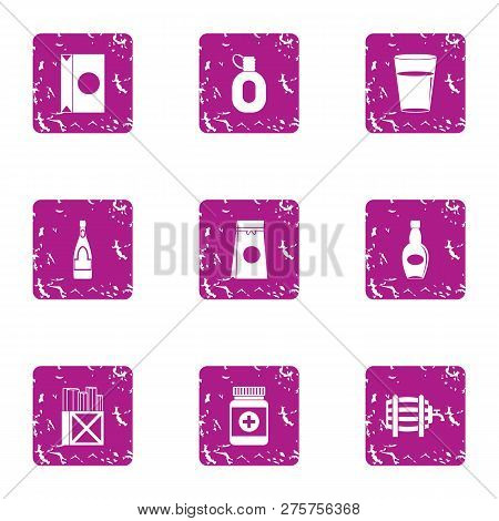 Pour Tube Icons Set. Grunge Set Of 9 Pour Tube Icons For Web Isolated On White Background