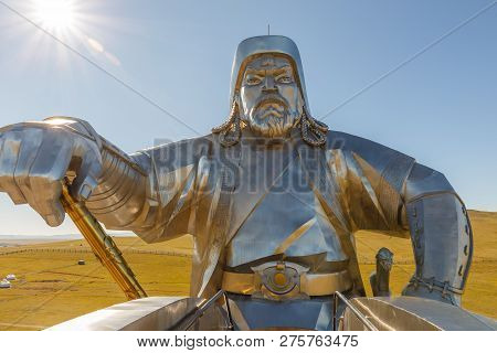 Tsonjin Boldog, Mongolia - September 14, 2018: The Giant Genghis Khan Equestrian Statue Is Part Of T