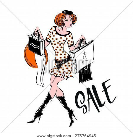 The Girl Shopping Spree. Sale.discounts. Purchases. Confessions Of A Shopaholic. Vector