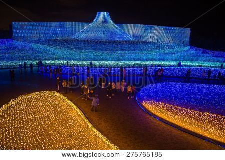 Mie, Japan - December 2018 : The Sea Of Light In Nabana No Sato Garden At Night In Winter, Nagano, J