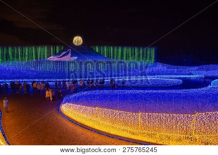 Mie, Japan - December 2018 : The Sea Of Light In Nabana No Sato Garden At Night In Winter, Nagano, J