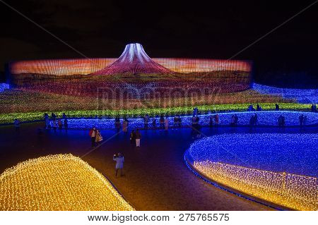 Mie, Japan - December 2018 : The Sea Of Light In Nabana No Sato Garden At Night In Winter, Nagano, J