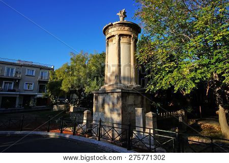 Lysikratous Monument In The Characteristic Plaka District, Athens