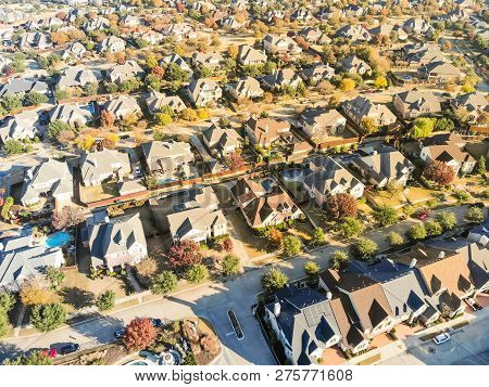 Top View New Development Residential Neighborhood In Cedar Hill At Morning Fall Light