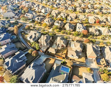 Top View New Development Residential Neighborhood In Cedar Hill At Morning Fall Light