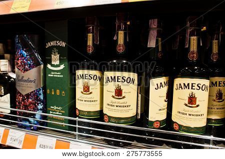 Kyiv, Ukraine - December 19, 2018: Bottles Of Jameson On Shelves In A Supermarket. Jameson Is A Blen