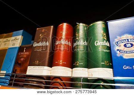 Kyiv, Ukraine - December 19, 2018: Boxes Of Glenfiddich On Shelves In A Supermarket. Glenfiddich Is 