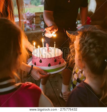 Lighting Candles On Birthday Cake. Birthday Party. Children Party. Make A Wish.
