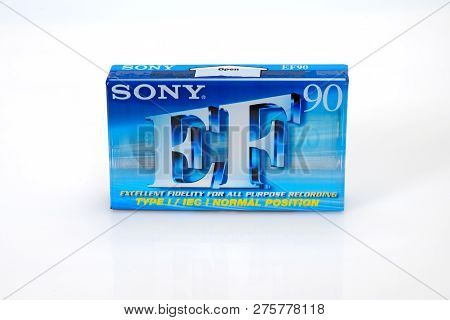 Prague, Czech Republic - November 29, 2018: Audio Compact Cassette Sony Ef 90. Audio Cassette On A W