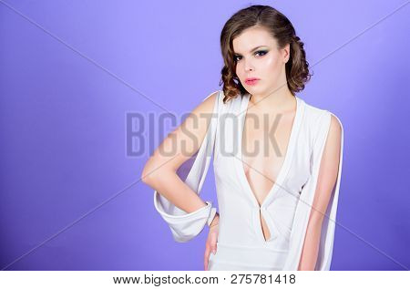 Attractive Decollete With Breasts. Woman Wear Dress With Deep Decollete. Seductive Decollete Concept