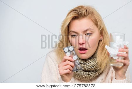 Breaking Fever Concept. Headache And Fever Remedies. Woman Sick Person Hold Glass Water And Tablets 