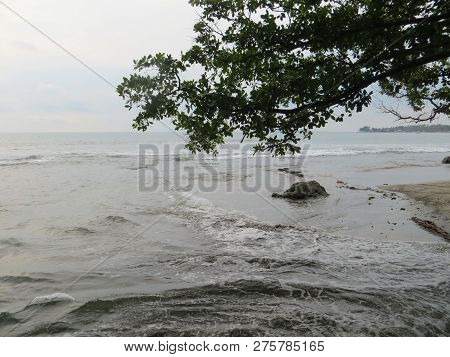 Anyer, Indonesia - June 24, 2018: View Of The Open Sea Of Sambolo Beach.