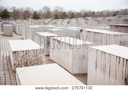 Berlin, Germany - March, 2018: Memorial To The Murdered Jews Of Europe In A Cold And Rainy End Of Wi
