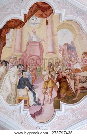 BRONNBACH, GERMANY - JULY 07, 2018: Ceiling frescoes with scenes from the life of St. Bernard of Clairvaux by Johann Adam Remele in Bernard Hall, Cistercian Abbey of Bronbach in Reicholzheim, Germany