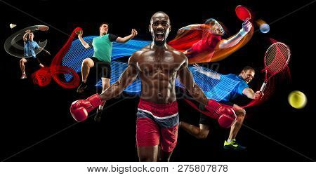 Attack. Sport Collage About Badminton, Tennis, Boxing And Handball Players On Black