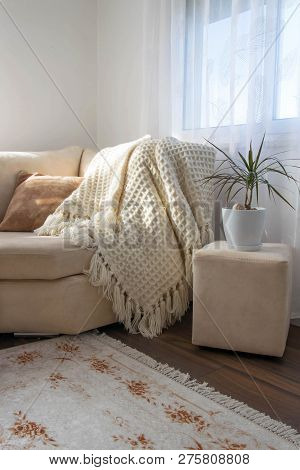 Stylish Brightly Interior Of Living Room. Inviting Comfortable Sofa With Handmade Woolen Blanket. Co