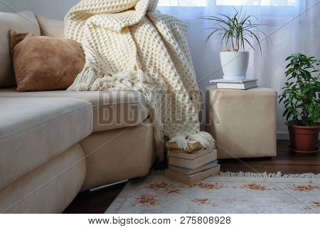 Stylish Brightly Interior Of Living Room. Inviting Comfortable Sofa With Handmade Woolen Blanket And