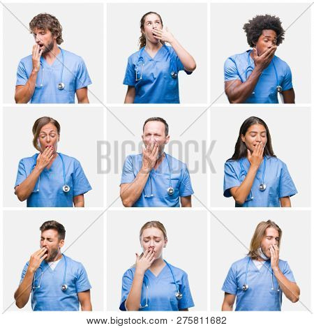 Collage of group of professional doctor nurse people over isolated background bored yawning tired covering mouth with hand. Restless and sleepiness.