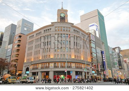 Tokyo Japan - December 10, 2018: Unidentified People Visit Historical Wako Building In Ginza Tokyo J