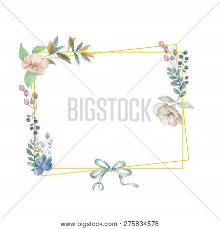 Watercolor Flowers And Leaves Wreath. Gold Frame Illustration. Square And Bow Clip Art Branch For Ce