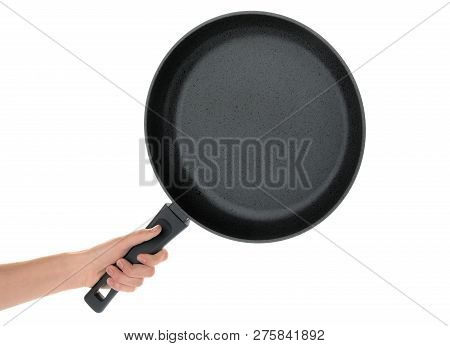 Woman Holding Modern Clean Frying Pan Isolated On White, Closeup