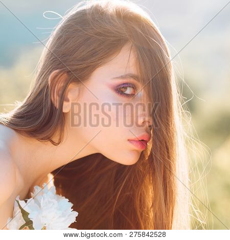 Natural Beauty And Spa Therapy. Summer Girl With Long Hair. Face And Skincare. Travel In Summer. Spr