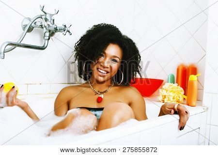 Young Pretty African American Girl Taking Bath With Foam, Lifest