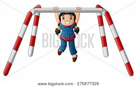 Vector Illustration Of Little Girl Doing Pull-up Exercise