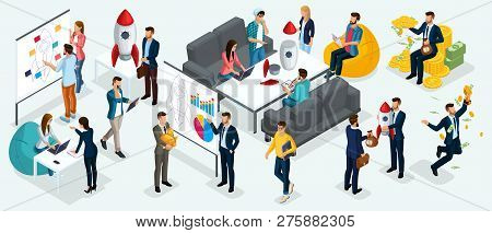 Isometric People, Entrepreneurs Present A New Startup Project Business Plan, Development Of Investme