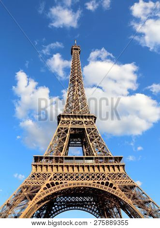 Fantastic Eiffel Tower With Blue Sky And White Clouds In Vertical