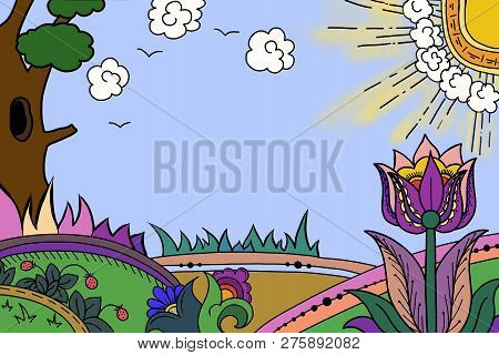 Flower Meadow Illustration On The Background Of Sky And Tree