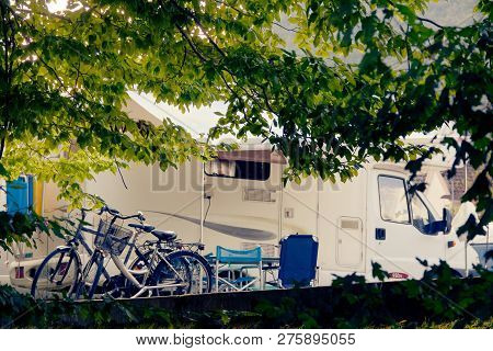 Barcis, Pordenone, Italy A Picturesque Place Camping Tourist Parking By Cars And Bicycles.