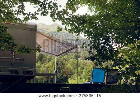 Barcis, Pordenone, Italy A Picturesque Place Camping Tourist Parking By Cars And Bicycles.