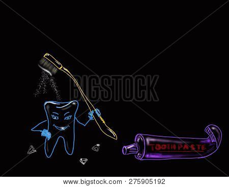 The Funny Tooth With Toothbrush And Toothpaste Surround With Diamonds On The Dark Background. In Col