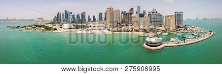 Doha, Qatar - Apr 29 2018: The Skyline Of Doha. Modern Rich Middle Eastern City Of Skyscrapers, Aeri