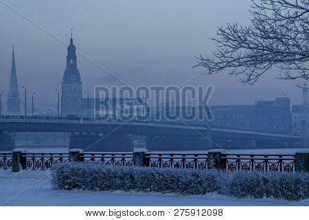 Riga View In Winter. Riga, Capital City Of Latvia In Winter Time. View Of  Cathedrals. View Of Old R