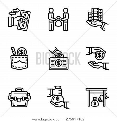 Corruption Money Icon Set. Outline Set Of 9 Corruption Money Icons For Web Design Isolated On White 
