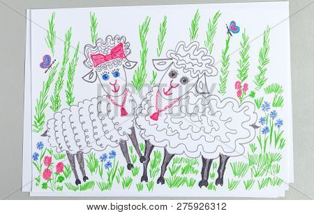 Child Doodle Of Pair Of Cute Sheeps On Lawn With Green Grass And Flowers. Kid Drawing With Colorful 