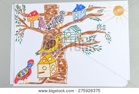 Child Doodle Of Pair Of Cute Sheeps On Lawn With Green Grass And Flowers. Kid Drawing With Colorful 