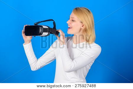 Young Woman Using A Virtual Reality Headset With Conceptual Network Lines. Portrait Of Young Woman W