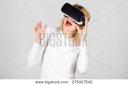 A Person In Virtual Glasses Flies In Room Space. Woman Using Vr Device. Person With Virtual Reality 