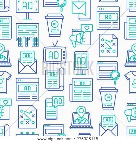 Advertising Seamless Pattern With Thin Line Icons: Billboard, Street Ads, Newspaper, Magazine, Produ