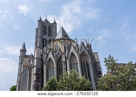 The Saint Bavo Cathedral (sint-baafs Cathedral) In Ghent, Historical City Of Belgium, On A Sunny Day