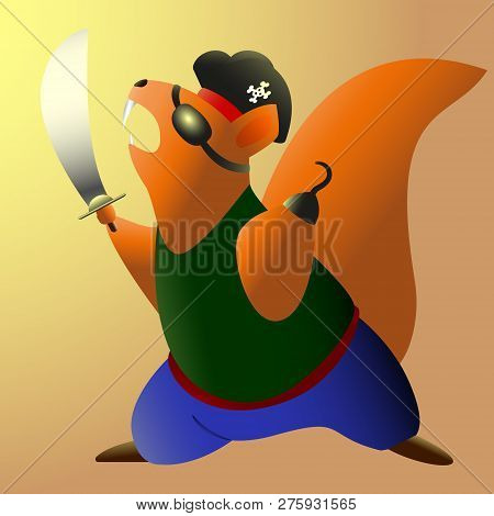 Brave Squirrel Pirate Rushes To Attack. Vector Illustration