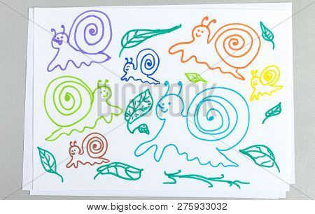 Child Doodle Of Pair Of Cute Sheeps On Lawn With Green Grass And Flowers. Kid Drawing With Colorful 