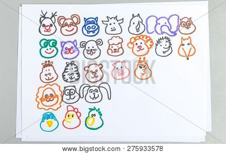 Child Doodle Of Pair Of Cute Sheeps On Lawn With Green Grass And Flowers. Kid Drawing With Colorful 
