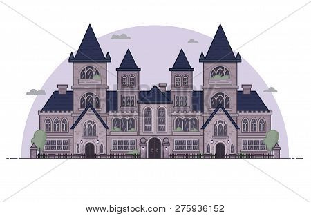Gothic Style House Illustration In Vector. Flat. Violet