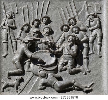 ZURICH, SWITZERLAND - JUNE 23, 2018: Kappeler soup, relief on the door of the Grossmunster (